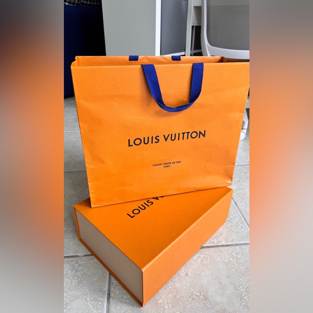 Authentic Louis Vuitton Bold Orange Paper Bag and Empty Box with Blue Accents